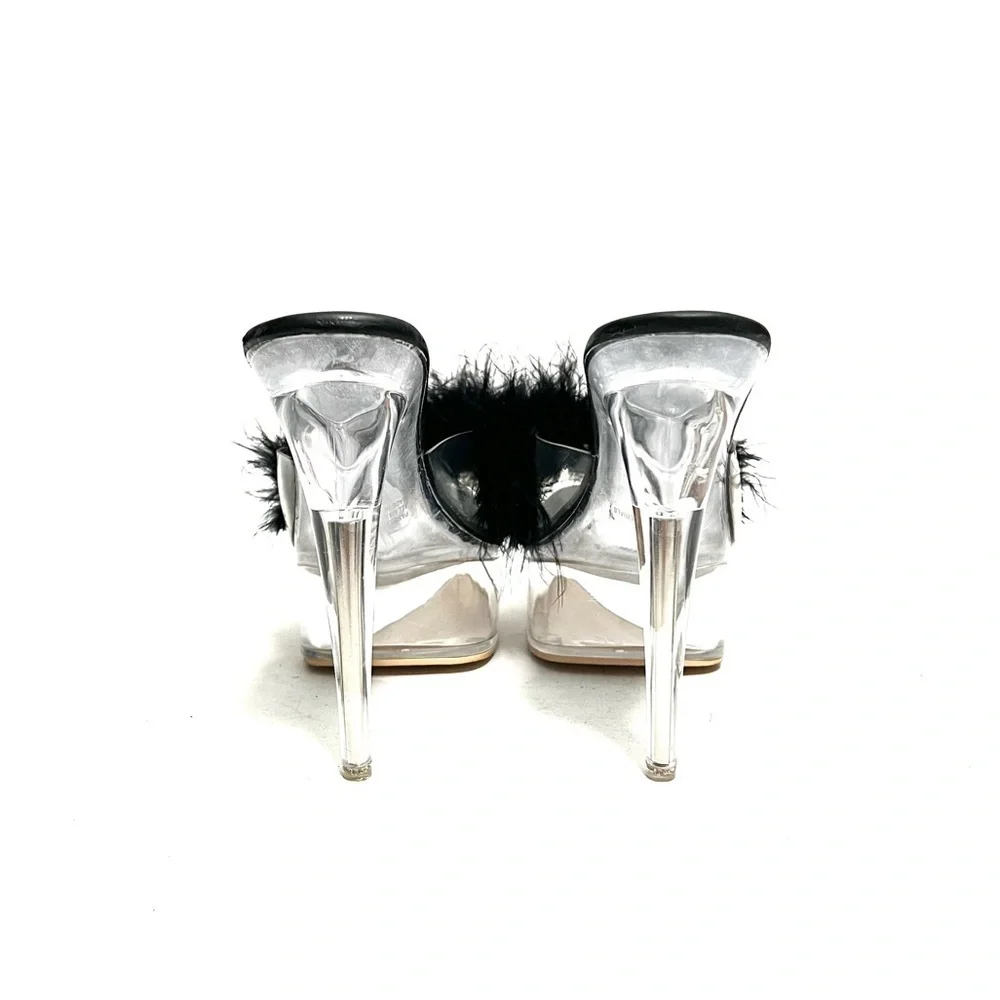 Vintage 1990s black marabou feather see thru plastic platform stripper heels